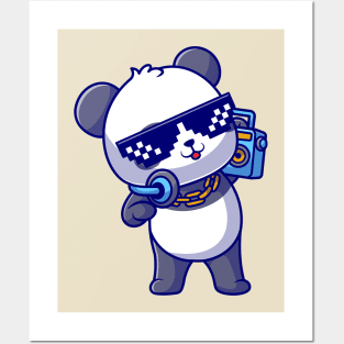 Cute Cool Panda Listening Music With Boombox And  Headphone Cartoon Posters and Art